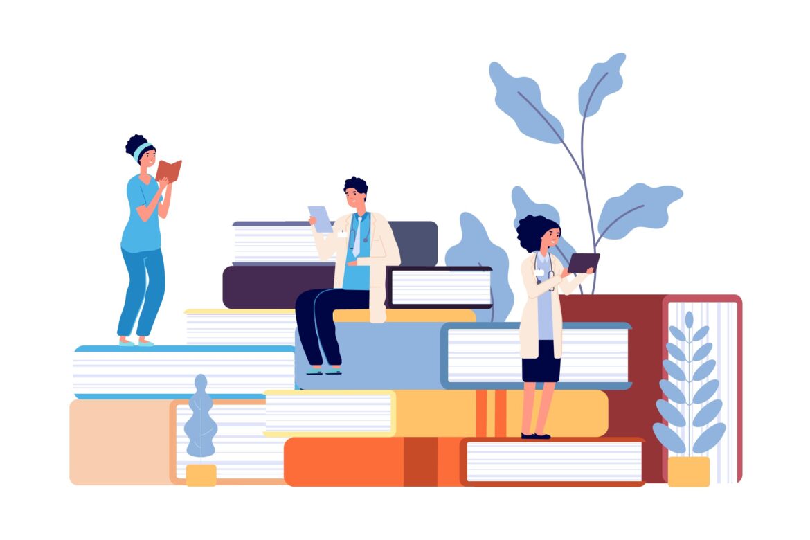 Medical school students. Doctors studying, hospital staff reading books. Refresher courses for nurse, healthcare professor college vector illustration iin health coach
